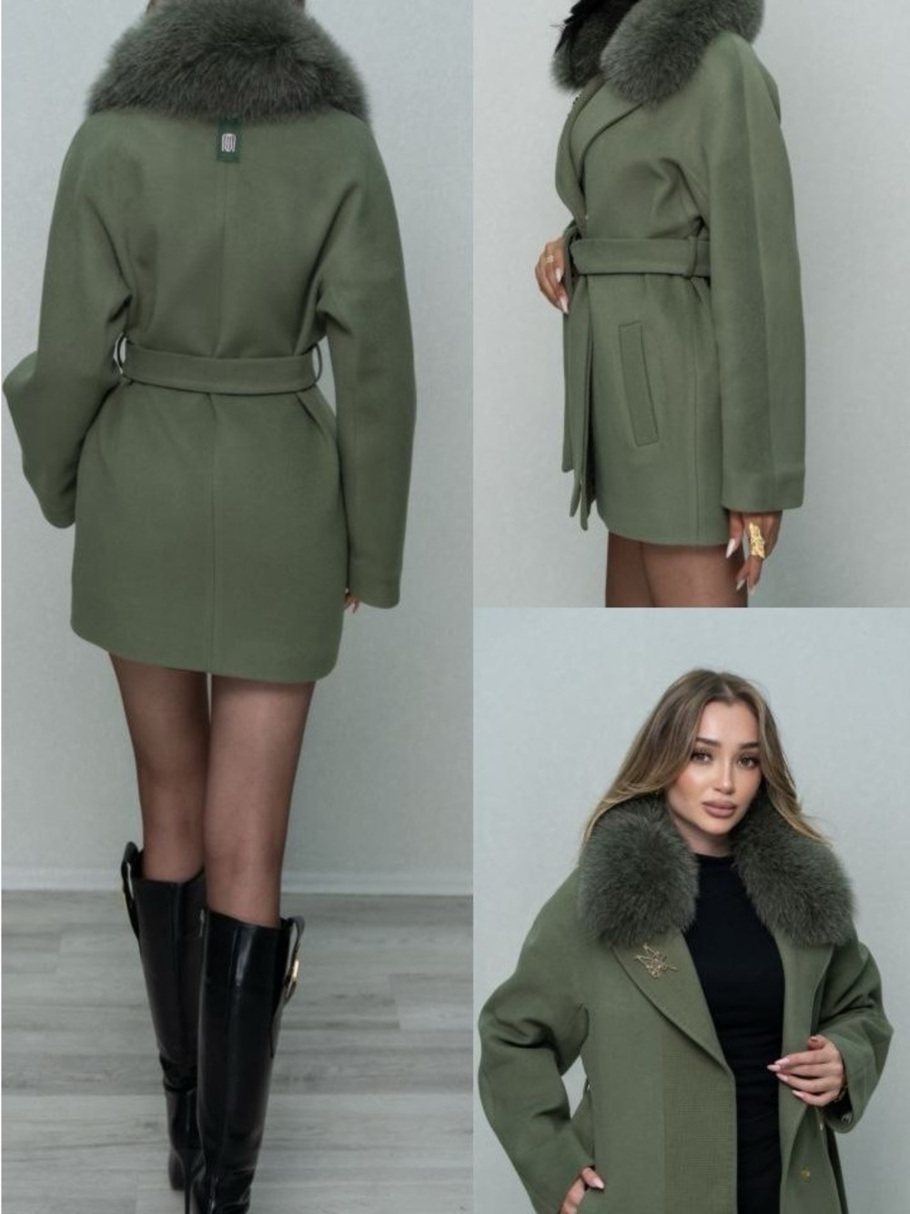 MaxMara Olive Green Wool Trench Coat with Fur Collar